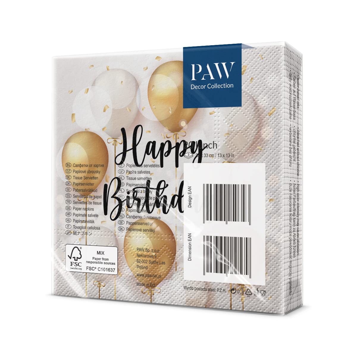 PAW Decor Collection Birthday Gold Celebration Napkins - 33 x 33 cm, 20 Pack