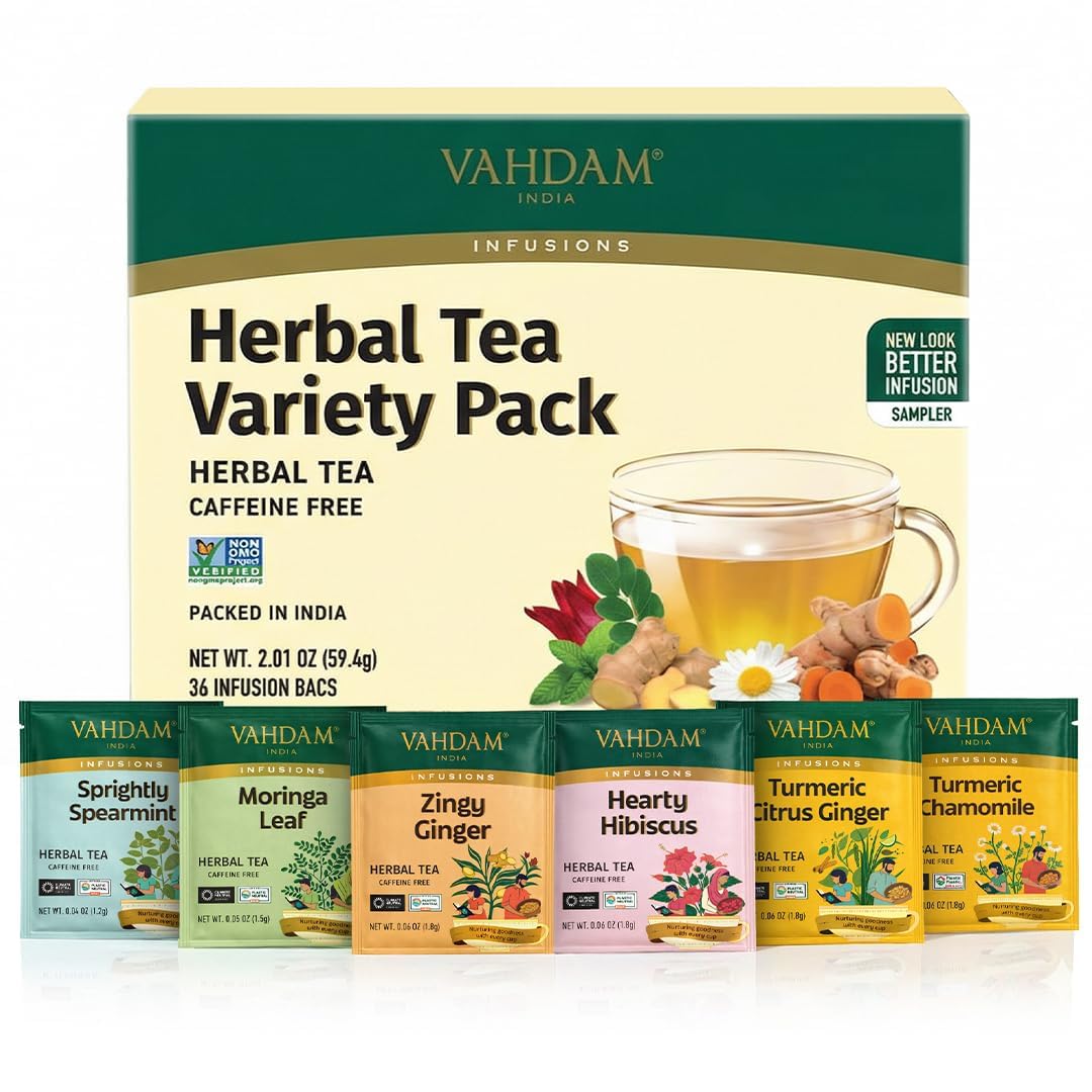 VAHDAM Herbal Tea Sampler - 36 Caffeine-Free Tea Bags | 6 Flavors | Eco-Friendly