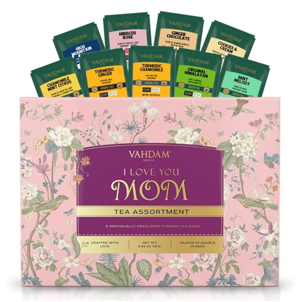 VAHDAM Limited Edition Tea Gift Set for Mom | 9 Assorted Long Leaf Pyramid Tea Bags