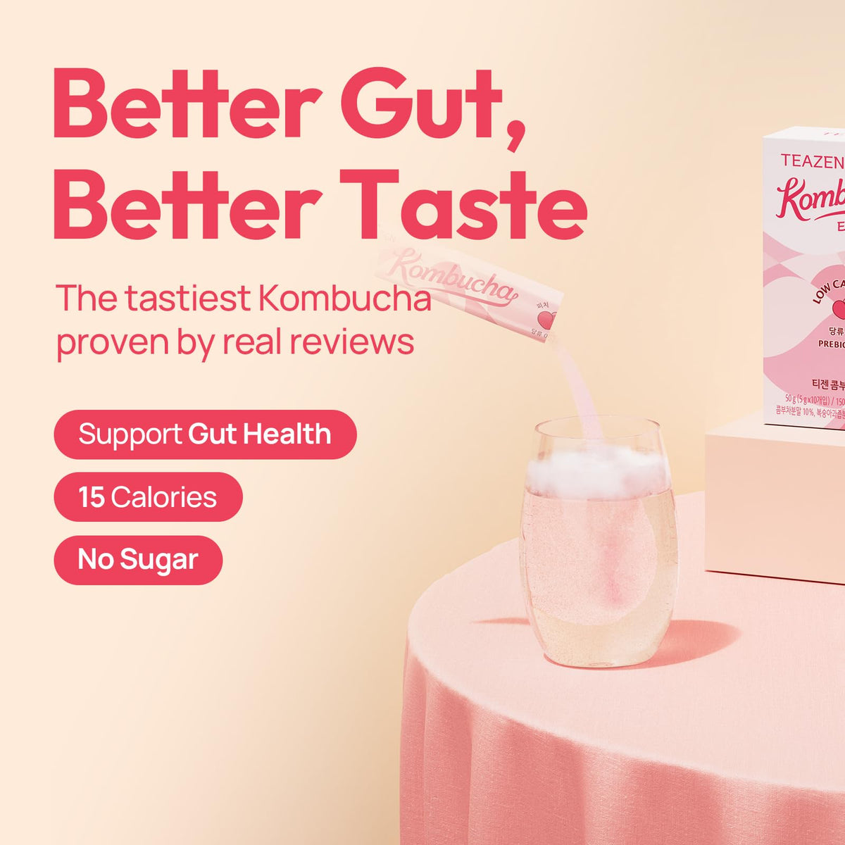 TEAZEN Peach Kombucha Tea - Sugar-Free, Live Probiotics, Portable Powder Drink Mix
