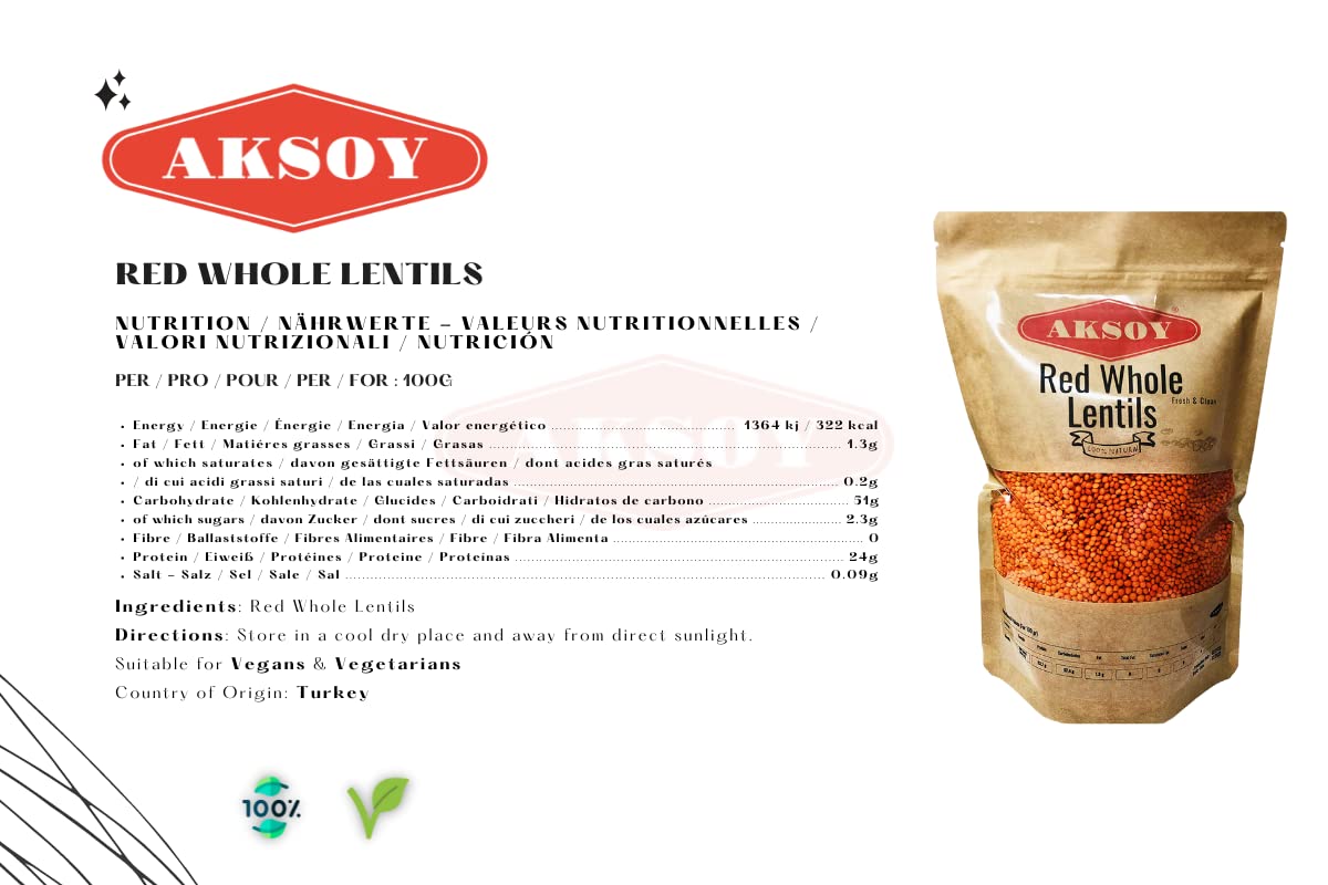 AKSOY Red Whole Lentils - 1.25kg Bag | Suitable for Vegans & Vegetarians | Turkish Origin 3