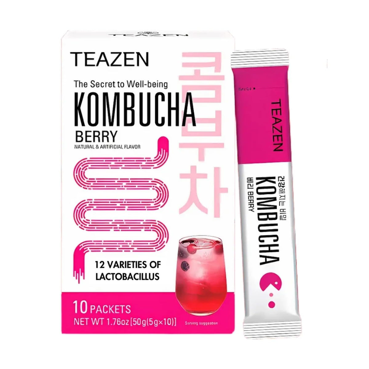 TEAZEN Berry Kombucha Tea - Sugar Free, Live Probiotics, 10 Packets