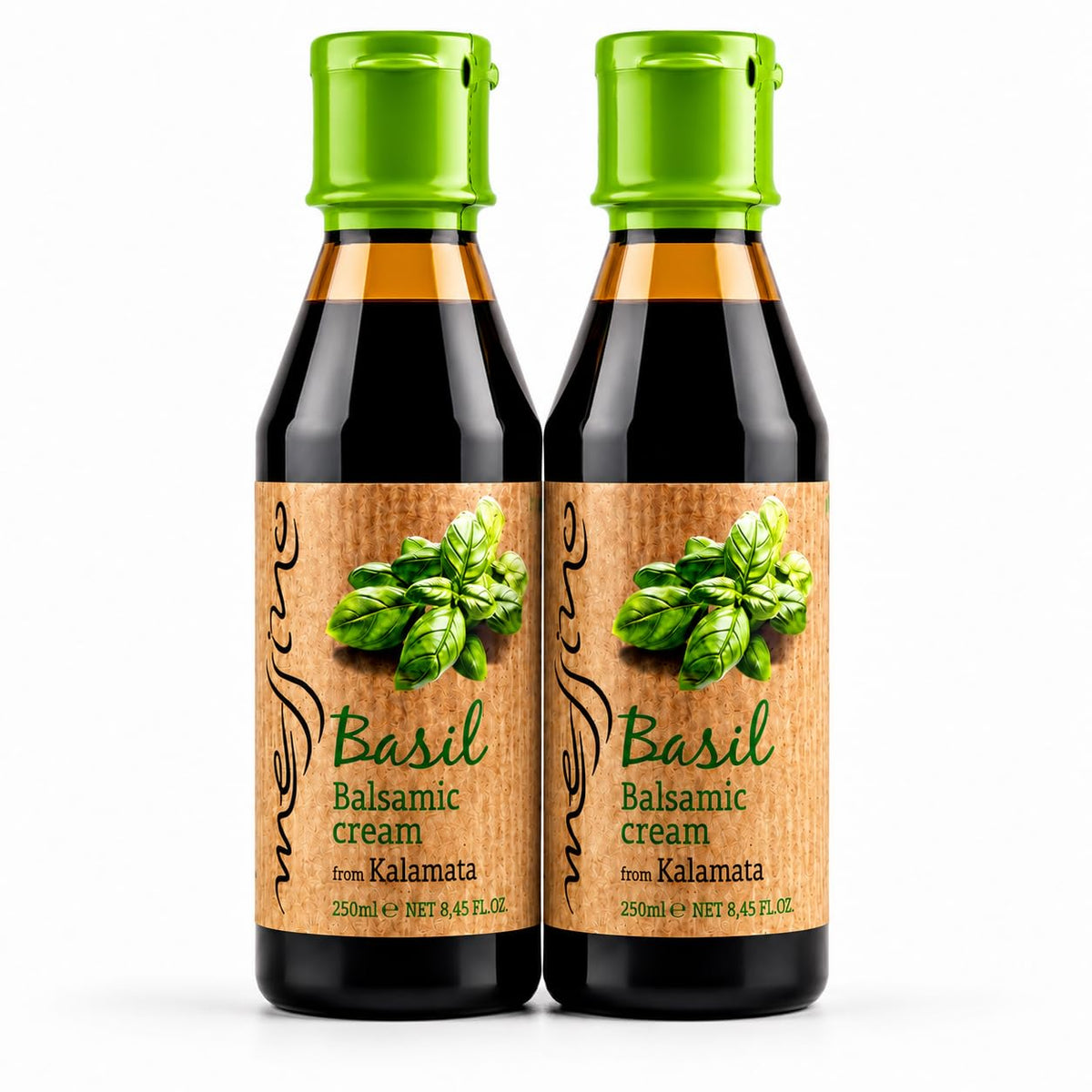 Messino Basil Balsamic Cream - 2 x 250ml Bottles | Authentic Greek Ingredients | Vegan