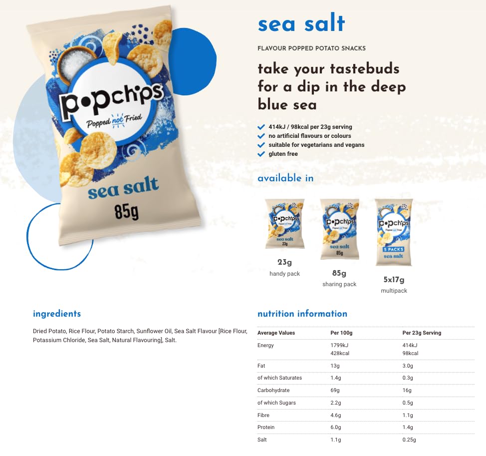 Popchips Sea Salt Potato Chips - Popped, Never Fried | 8 x 85g Bags