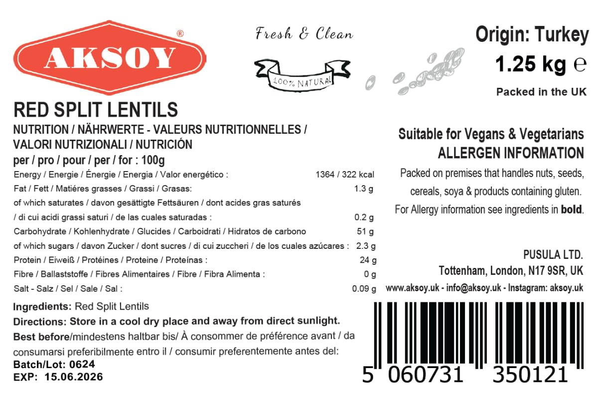 AKSOY Red Split Lentils - 1.25kg Bag | Suitable for Vegans & Vegetarians | Turkish Origin 6