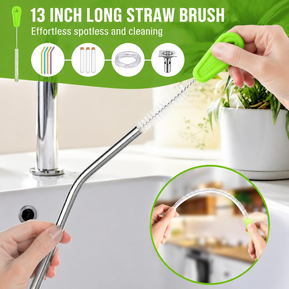 Admygo 3-in-1 Bottle Cleaning Brush Set - Long Handle, Straw Cleaner, Lid Brush | Green 5