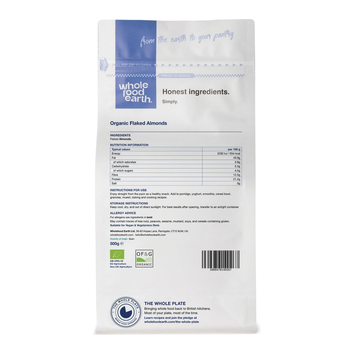 Wholefood Earth Organic Flaked Almonds - 500g | High Fibre | Raw 3