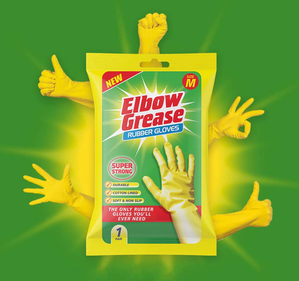 Elbow Grease Yellow Rubber Gloves - Cotton Lined, Non-Slip Grip, Size Medium (Pack of 2)