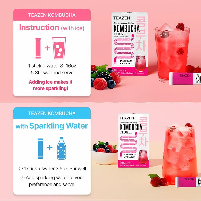 TEAZEN Berry Kombucha Tea - Sugar Free, Live Probiotics, 10 Packets 3