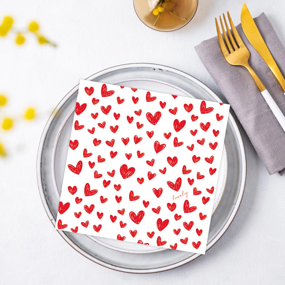 Anniversary House Heart Lunch Napkins - 3 Ply, Pack of 20, Red and White