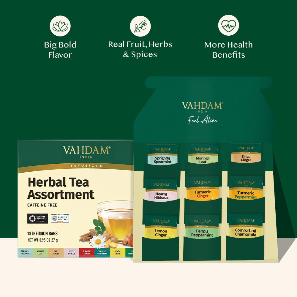 VAHDAM Assorted Herbal Tea Sampler - 18 Tea Bags, 9 Caffeine-Free Flavors 7