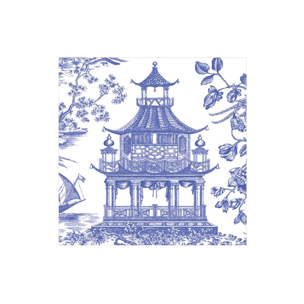 Caspari Chinoiserie Toile Pagoda Paper Cocktail Napkins - Blue, Pack of 20