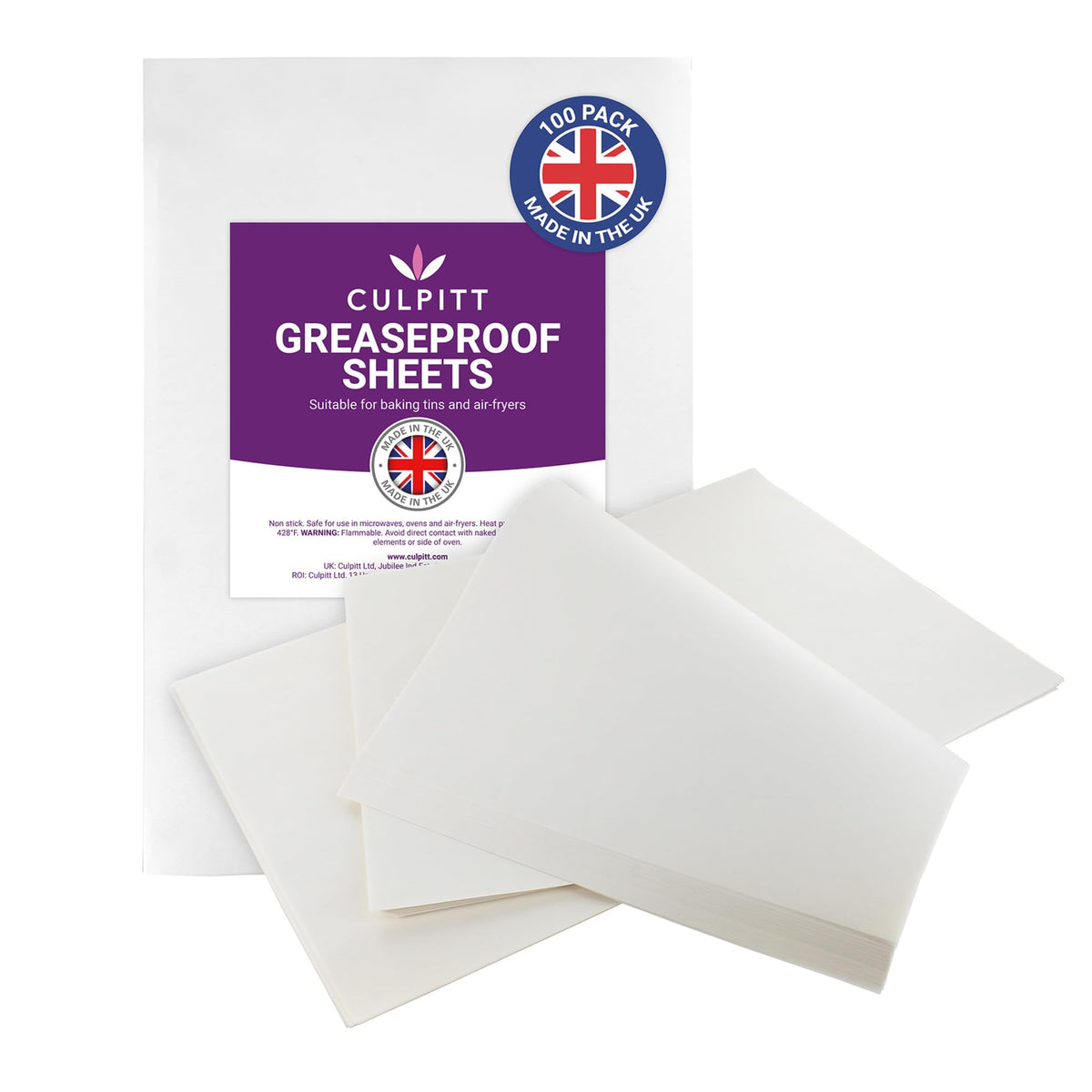Culpitt Greaseproof Paper Sheets - 100 Pre-Cut Sheets | 250mm x 360mm | White