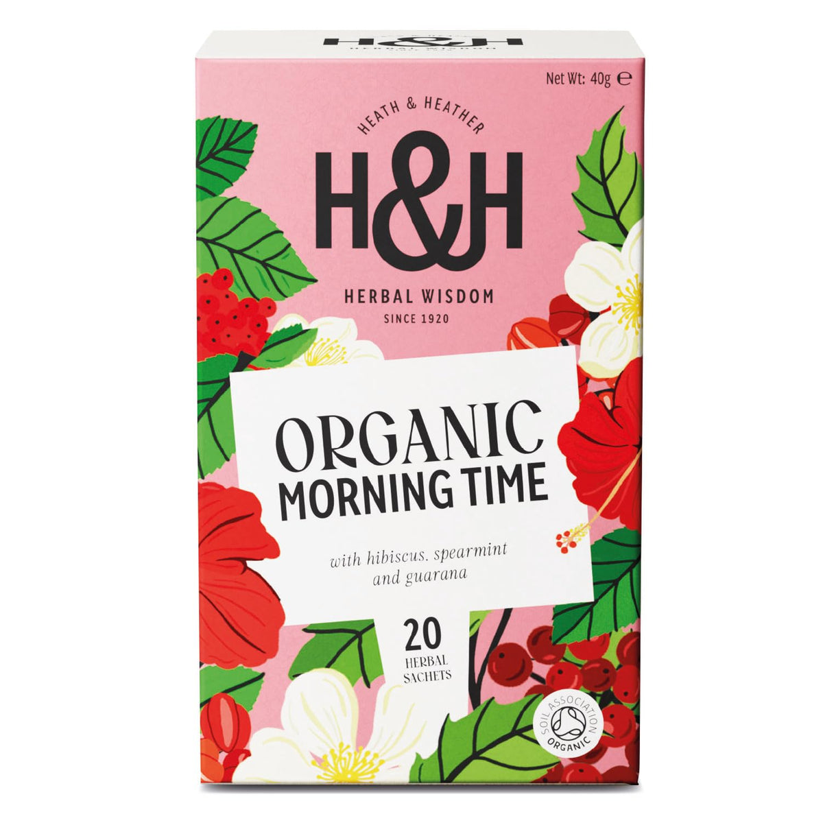 Heath & Heather Organic Morning Time Herbal Tea - Hibiscus, Spearmint & Guarana | 20 Count Teabags | Natural Energy