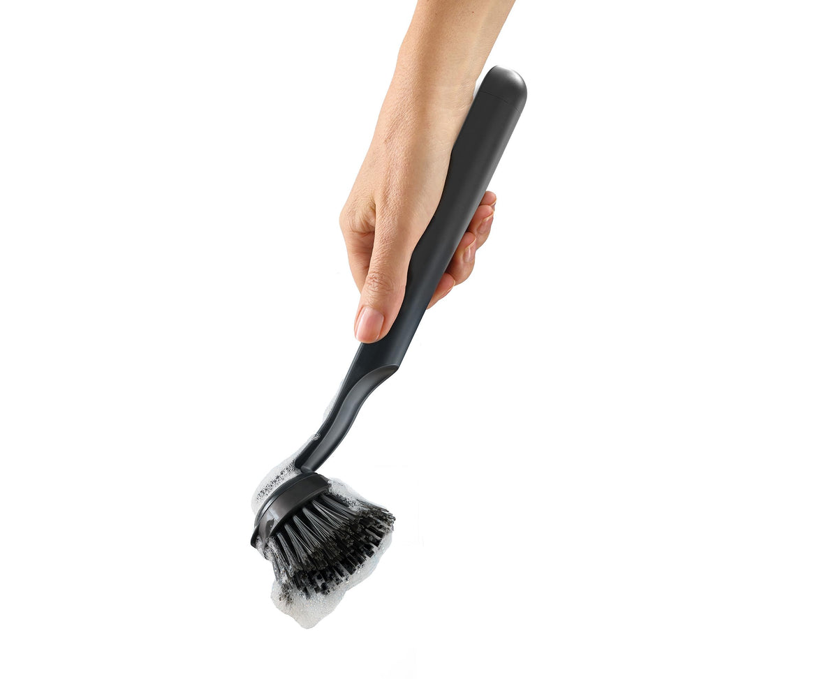 Joseph Joseph SinkTech Dish Brush with Stainless-Steel Storage Stand - Graphite | Integrated Pan Scraper | Replaceable Head