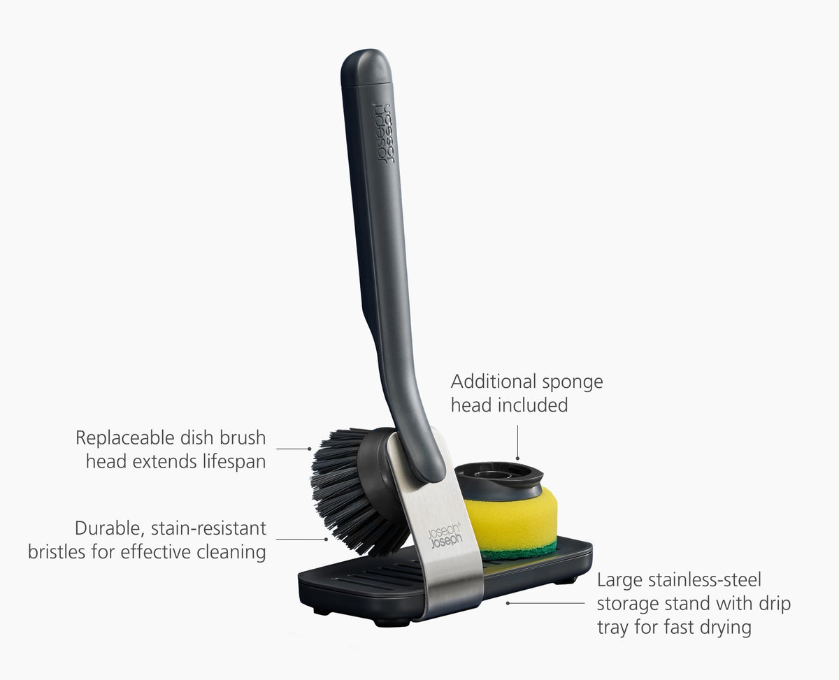 Joseph Joseph SinkTech Dish Brush Set - Durable Bristles, Stainless Steel Stand | Graphite 5