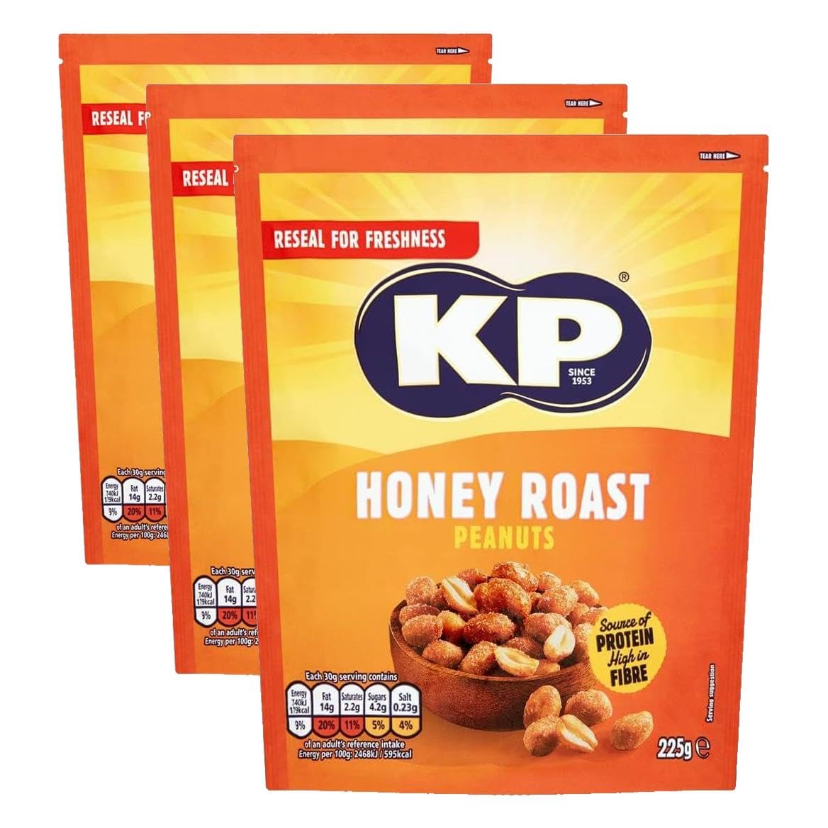 KP Honey Roast Flavoured Peanuts - 225g Share Bag (Pack of 3)