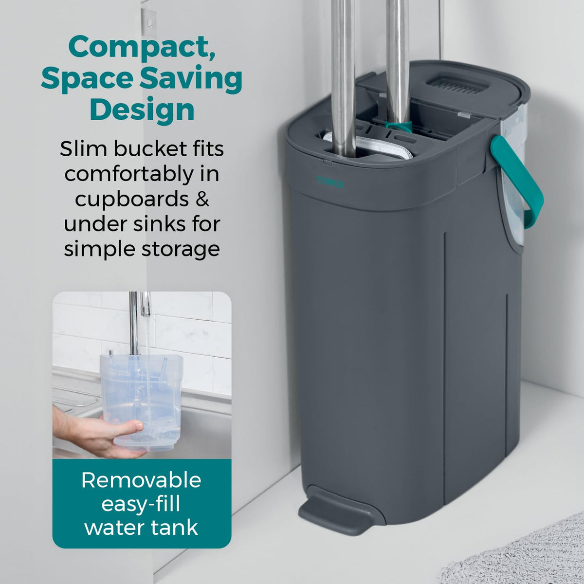 Tower Flat Mop and Bucket Set with 2 Washable Microfibre Mop Heads - Teal 4