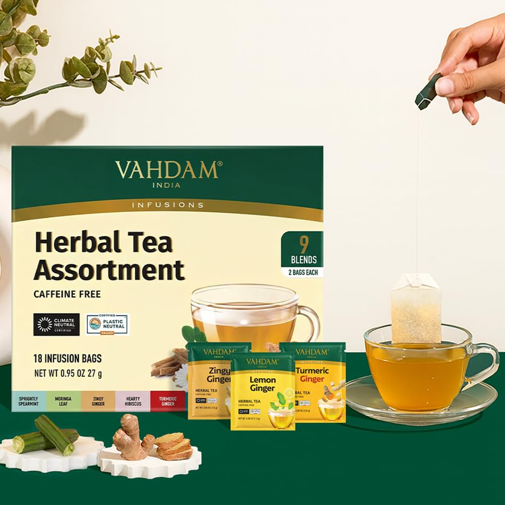 VAHDAM Assorted Herbal Tea Sampler - 18 Tea Bags, 9 Caffeine-Free Flavors 4