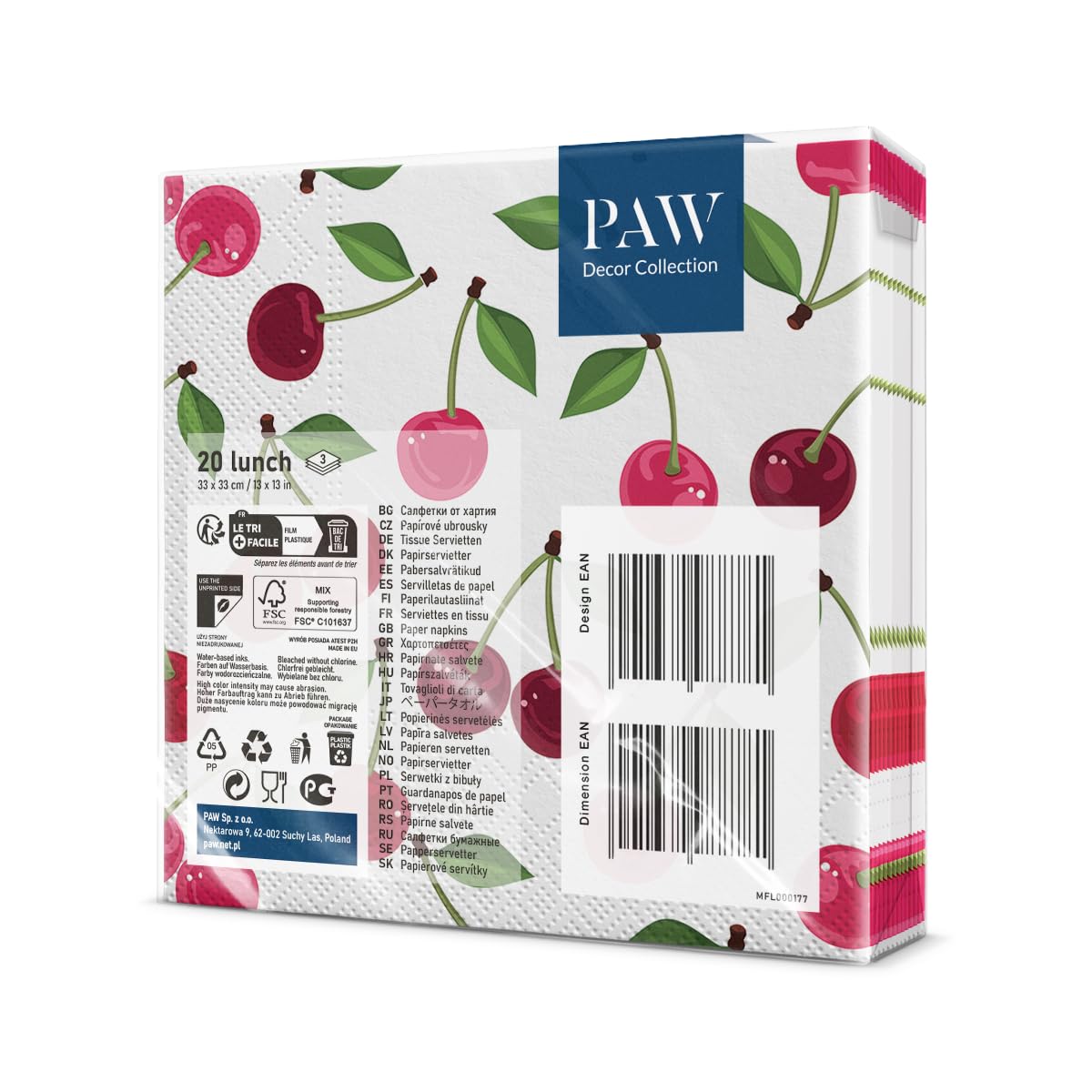 PAW Decor Collection Paper Napkins - 3-Ply Cherries Pattern | 20 Pieces | 33 x 33 cm