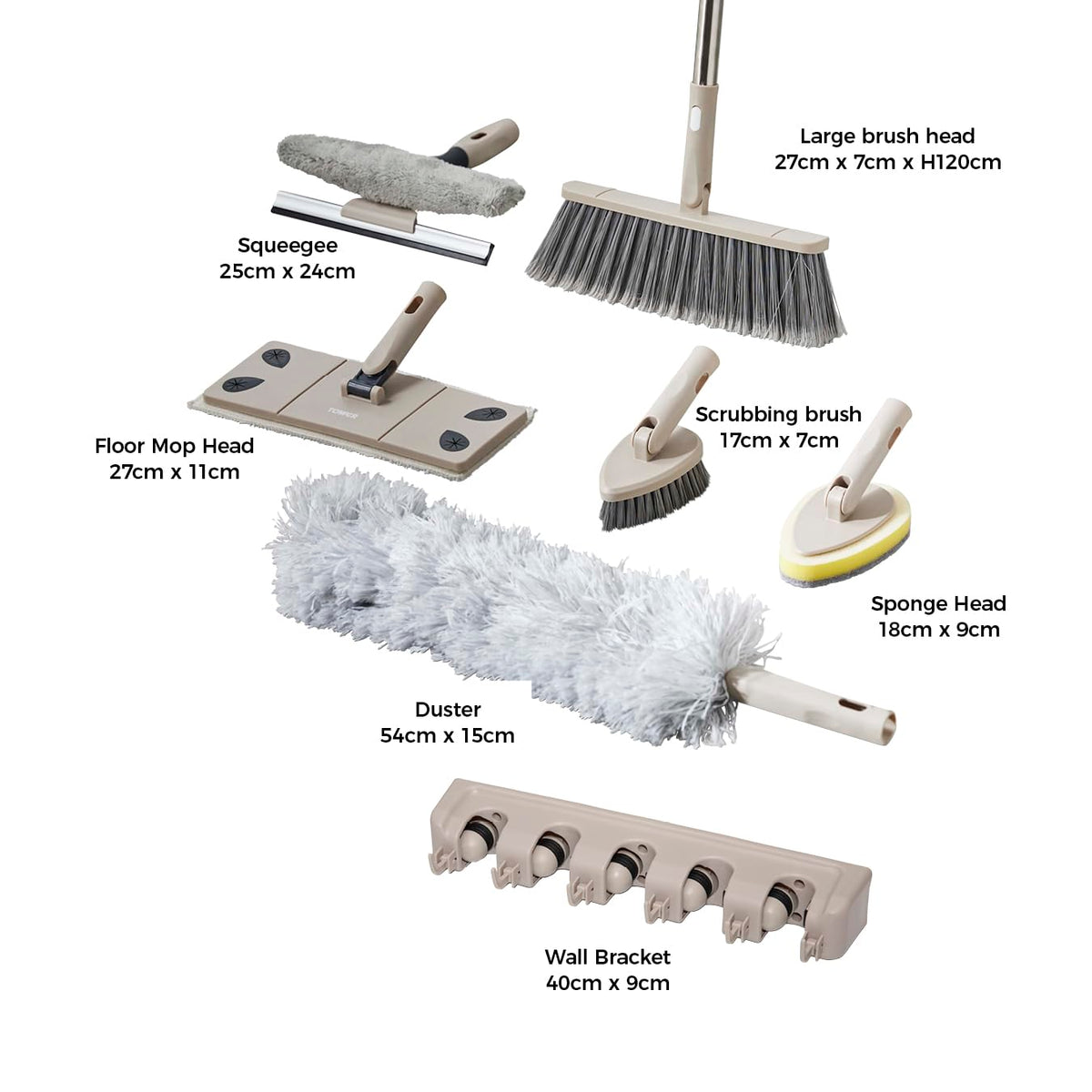 Tower Cavaletto 8 Piece Cleaning & Storage Set - Includes Mop, Broom, Duster, Window Tool | Latte 9