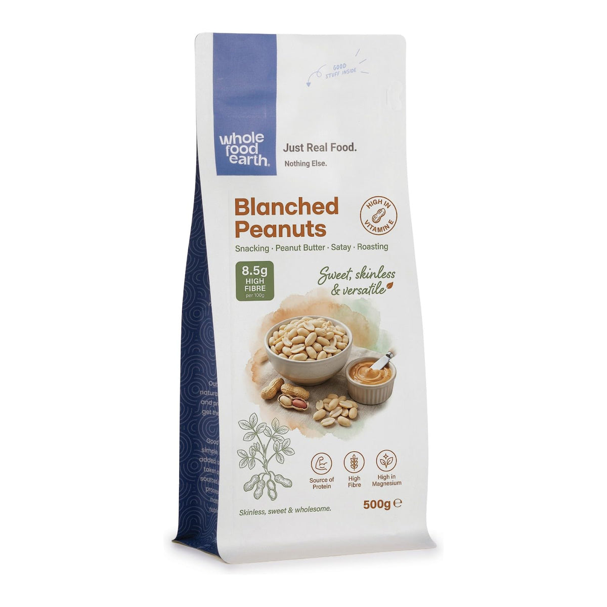 Wholefood Earth Blanched Peanuts - 500g | GMO Free | High Fibre