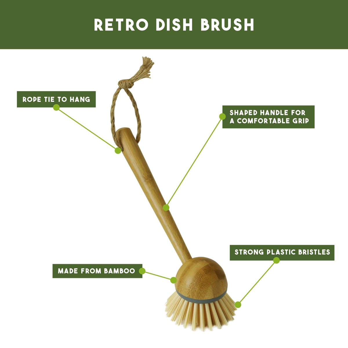 JVL Round Bamboo Dish Brush - Long Handle, Natural Bristles | 22cm Height