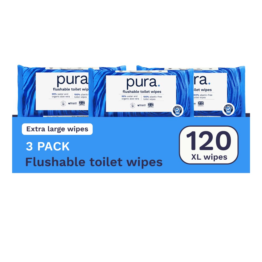 Pura Flushable Moist Toilet Tissue Wipes - 3 Pack of 40 Wipes | Fine to Flush Accredited | Unscented 1