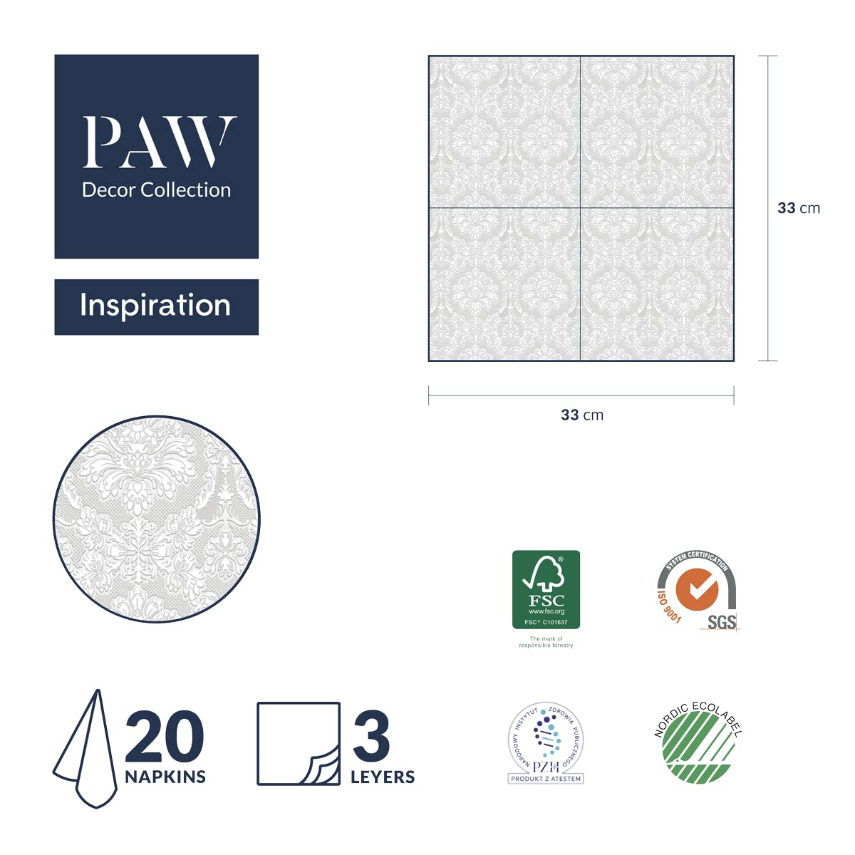PAW Decor Collection Napkins - 3-Ply Gold Ornaments | 20 Pieces | 33 x 33 cm 6