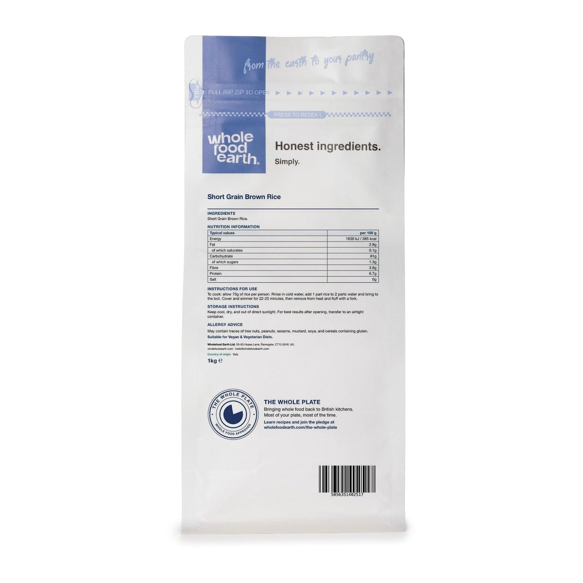 Wholefood Earth Short Grain Brown Rice - 1kg Bag | Source of Fibre | Nutty Flavour