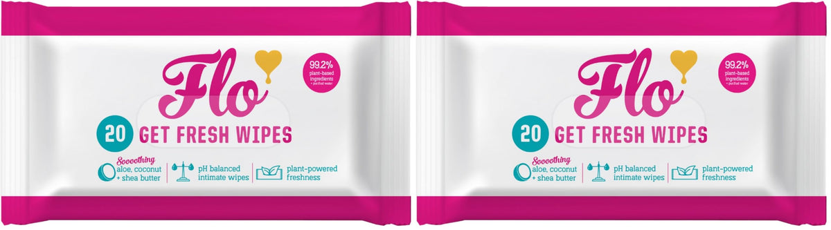 Flo Get Fresh Wipes - pH Balanced, Soothing & Soft | 40 Count (2 x 20 Count Packs)