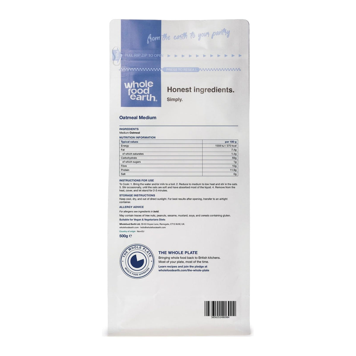 Wholefood Earth Medium Oatmeal - 500g | Wholegrain | Vegan 5