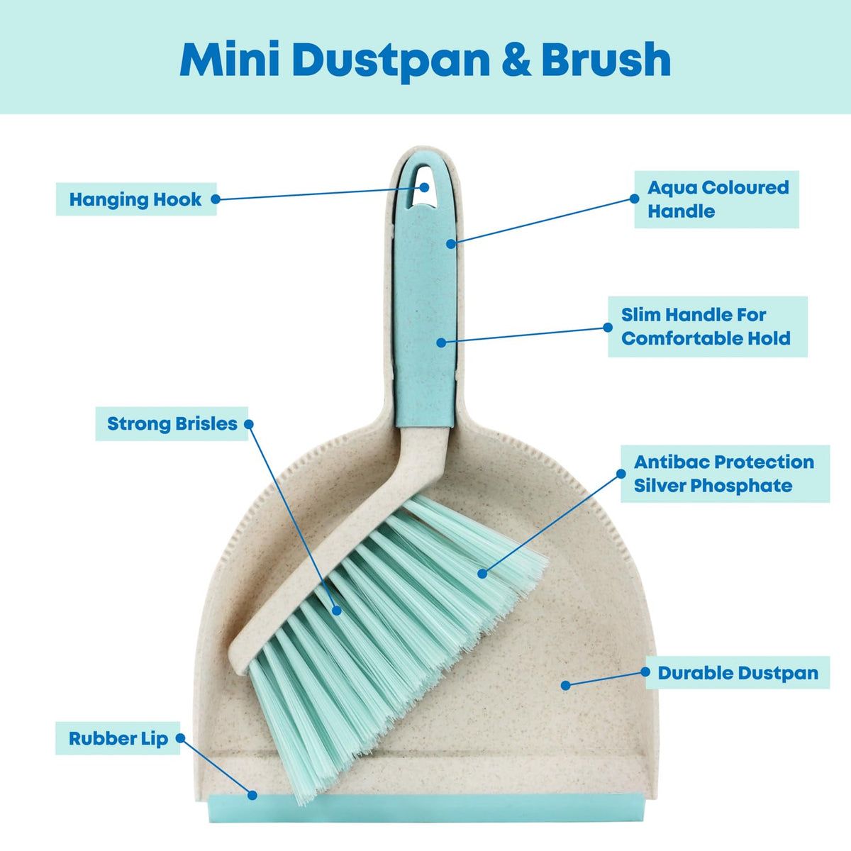 JVL Pro Clean Anti-Bac Mini Dustpan and Brush Set - Silver Phosphate Antibac Protection | Rubber Lip | Slim Handle