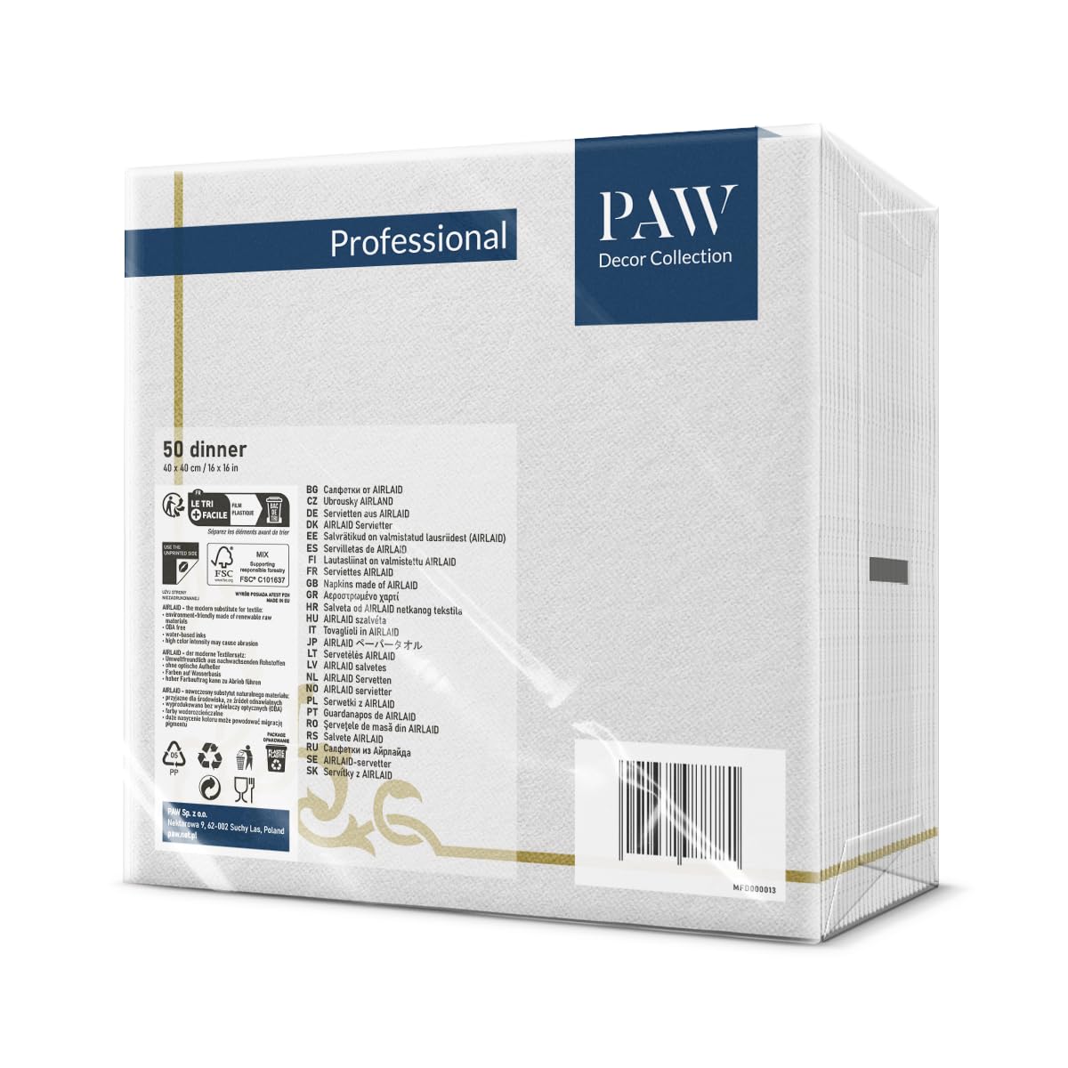 PAW Decor Collection Linen Feel Napkins - Elegant Frame Gold | 40 x 40 cm | 50 Pack 2