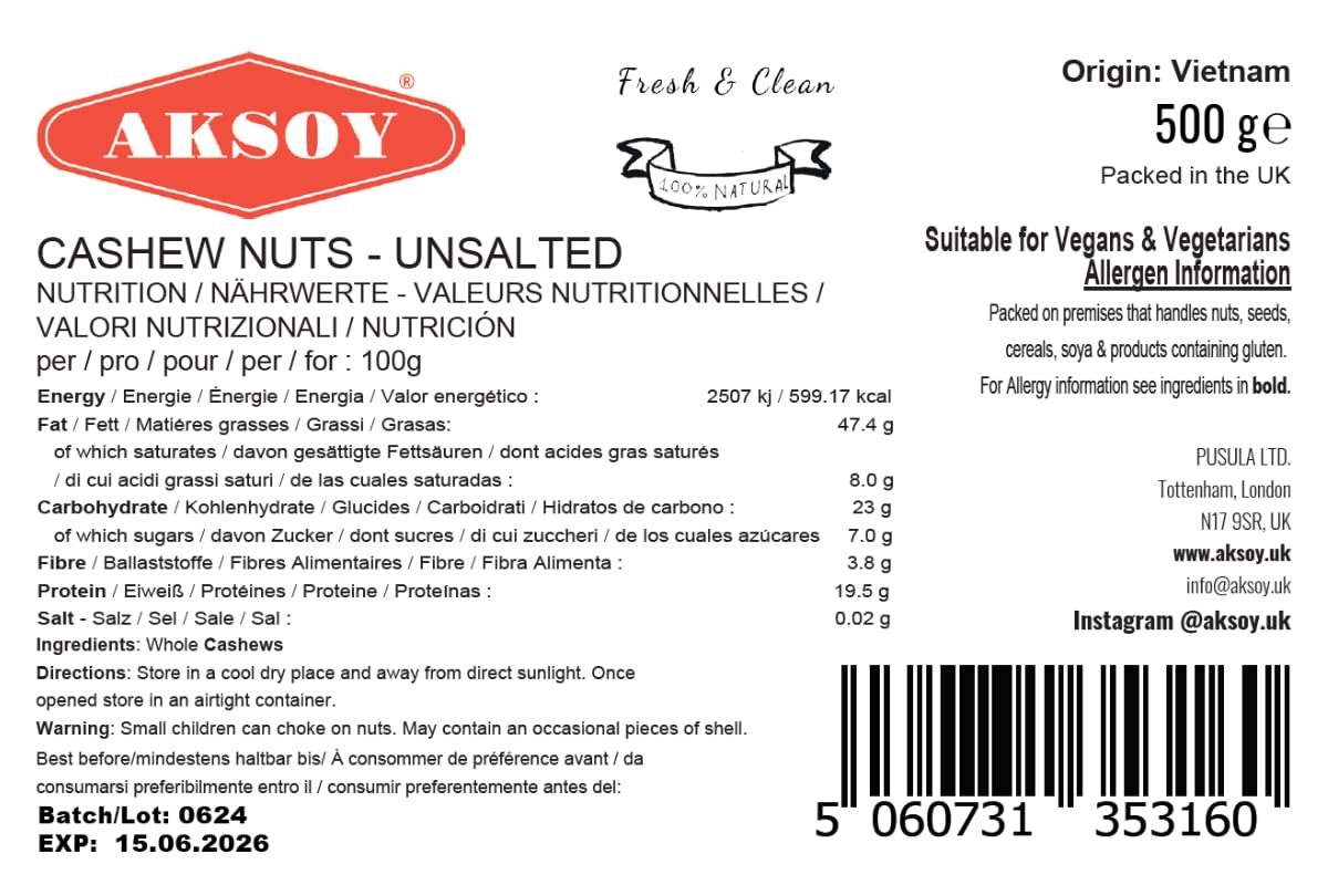 AKSOY Raw Cashews - 500g | Natural, Unsalted, Vegan 6