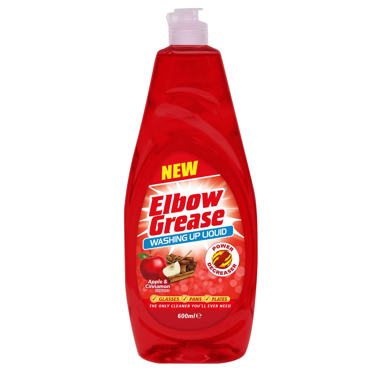 Elbow Grease Washing Up Liquid - Power Degreaser, Streak Free Finish | 600ml Bottle, Apple & Cinnamon Scent