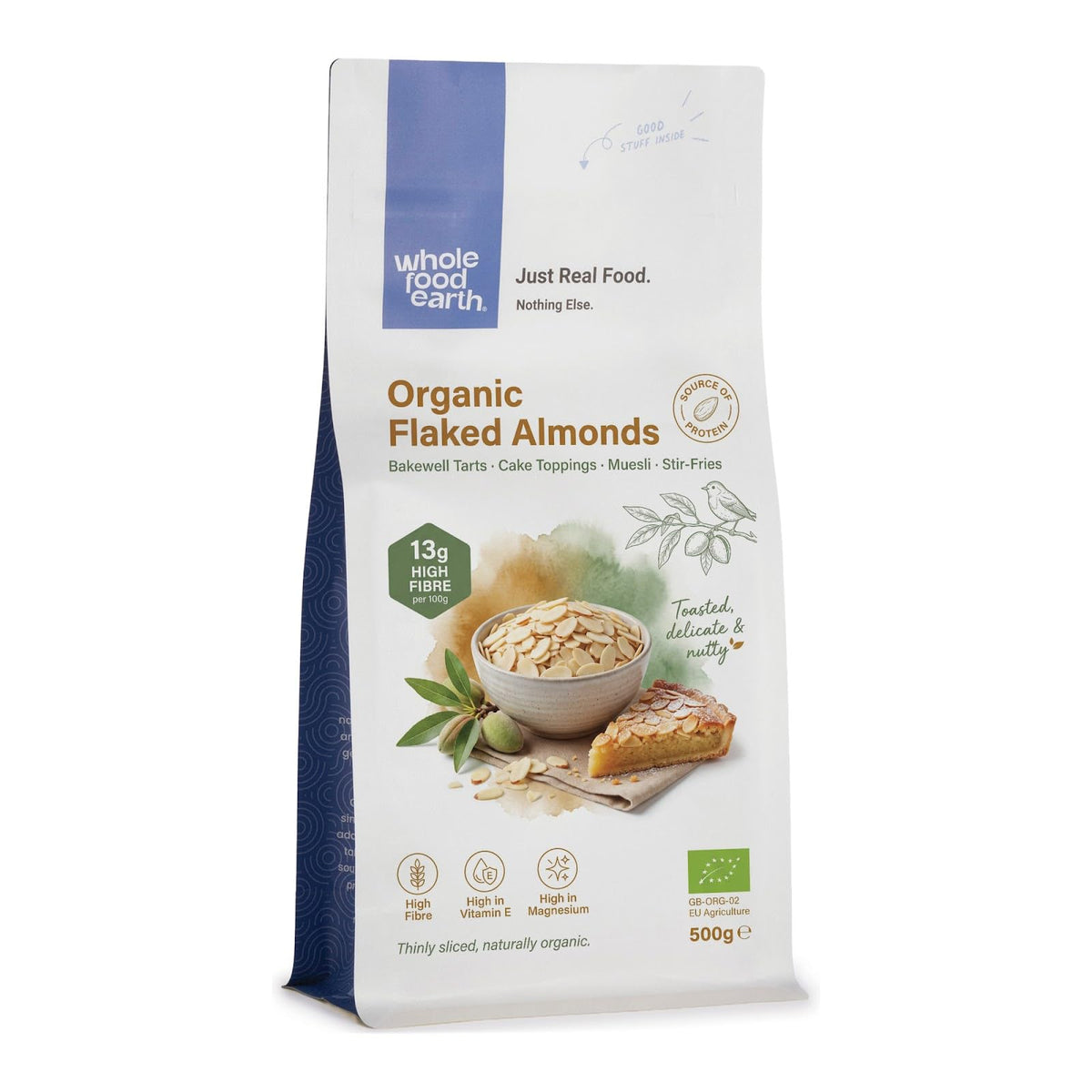Wholefood Earth Organic Flaked Almonds - 500g | High Fibre | Raw