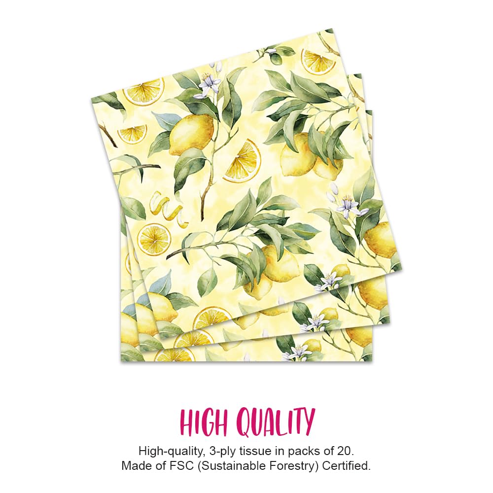 Anniversary House Tiflair Yellow Lemons Lunch Napkins - 3-Ply Paper, 13" x 13", 20 Count