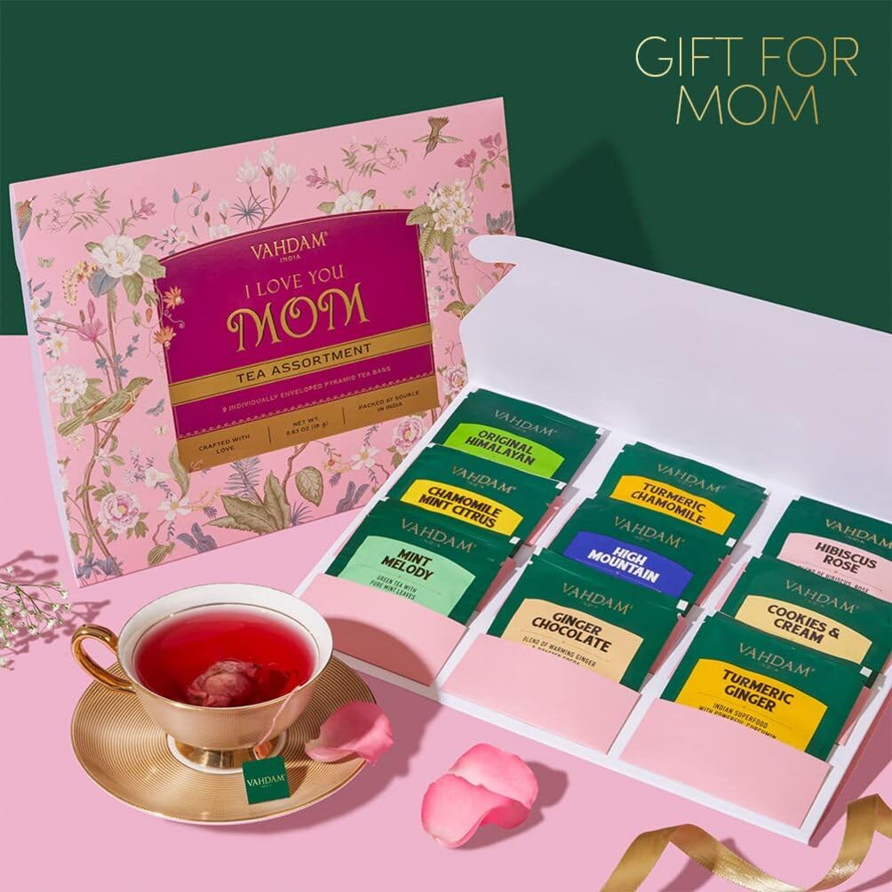 VAHDAM Limited Edition Tea Gift Set for Mom | 9 Assorted Long Leaf Pyramid Tea Bags