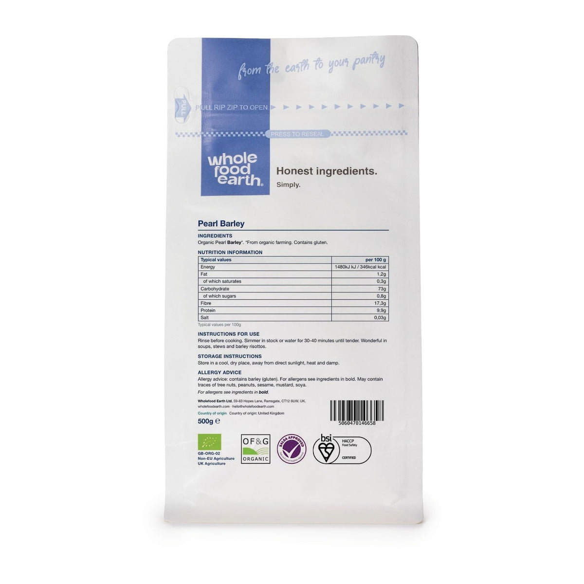 Wholefood Earth Organic Dried Pearl Barley - High Fibre, Vegan, 500g