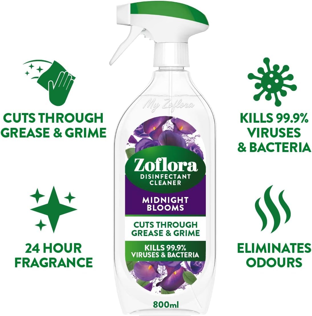 Zoflora Midnight Blooms Multipurpose Cleaner Trigger Spray - Kills 99.9% of Viruses & Bacteria, 800ml 2
