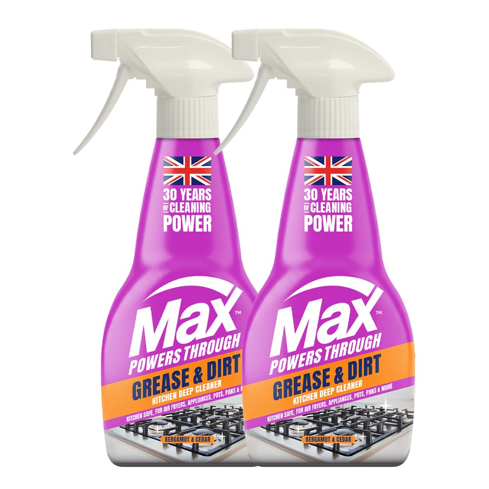 Max Grease & Dirt All-Purpose Cleaner Spray - High Performance Grease Remover, Kitchen Surfaces & Appliances, Bergamot and Cedar Scent, 1000ml (2 x 500ml) 1