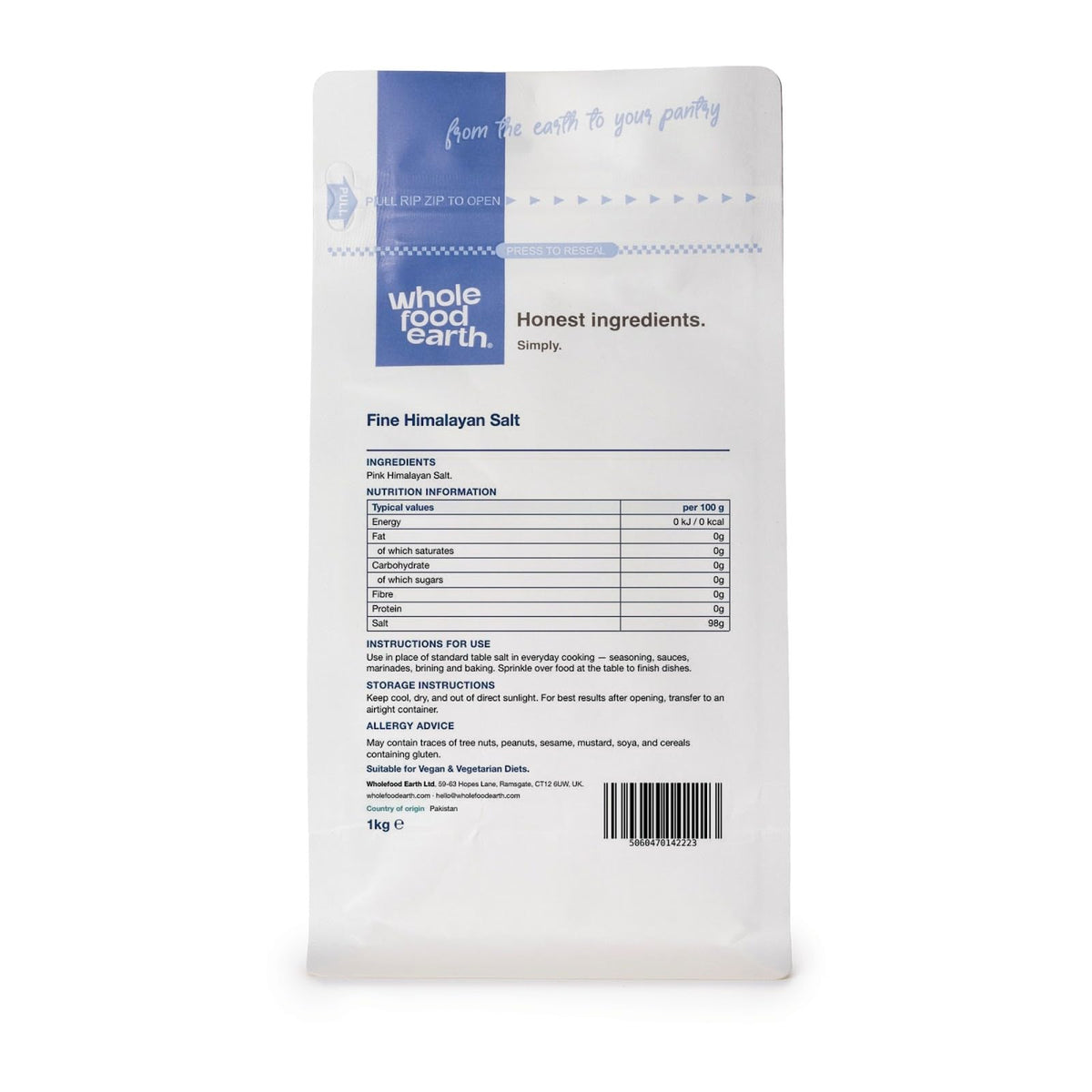 Wholefood Earth Himalayan Pink Salt - Fine Grain, 1kg Pouch | Unrefined, Mineral-Rich
