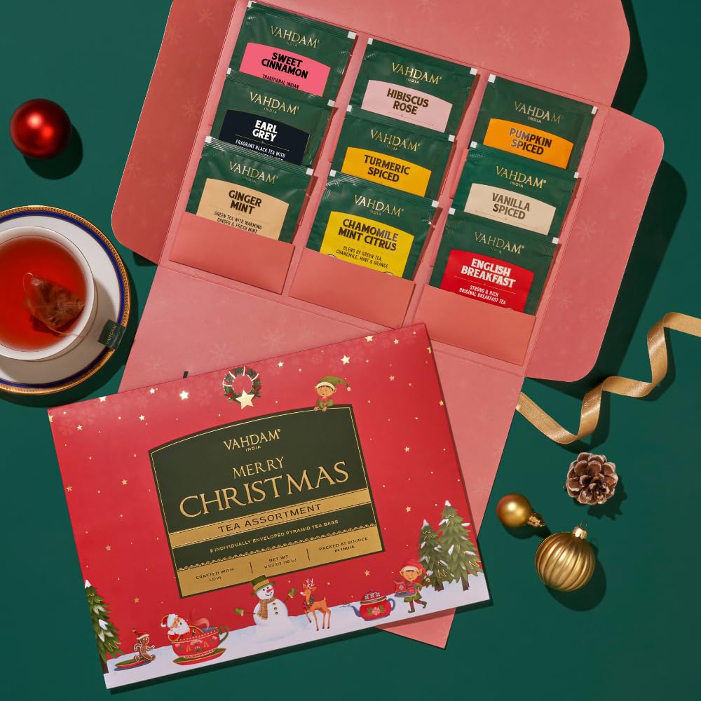 VAHDAM Merry Christmas Tea Gift Set - Limited Edition Holiday Assortment | 9 Tea Bags