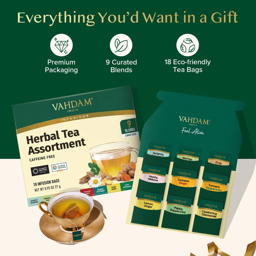 VAHDAM Assorted Herbal Tea Sampler - 18 Tea Bags, 9 Caffeine-Free Flavors 5