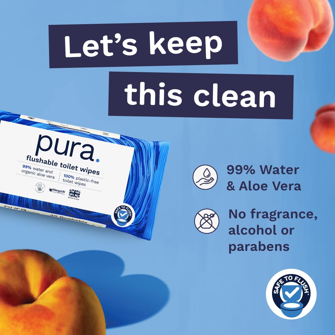 Pura Flushable Moist Toilet Tissue Wipes - 3 Pack of 40 Wipes | Fine to Flush Accredited | Unscented 2