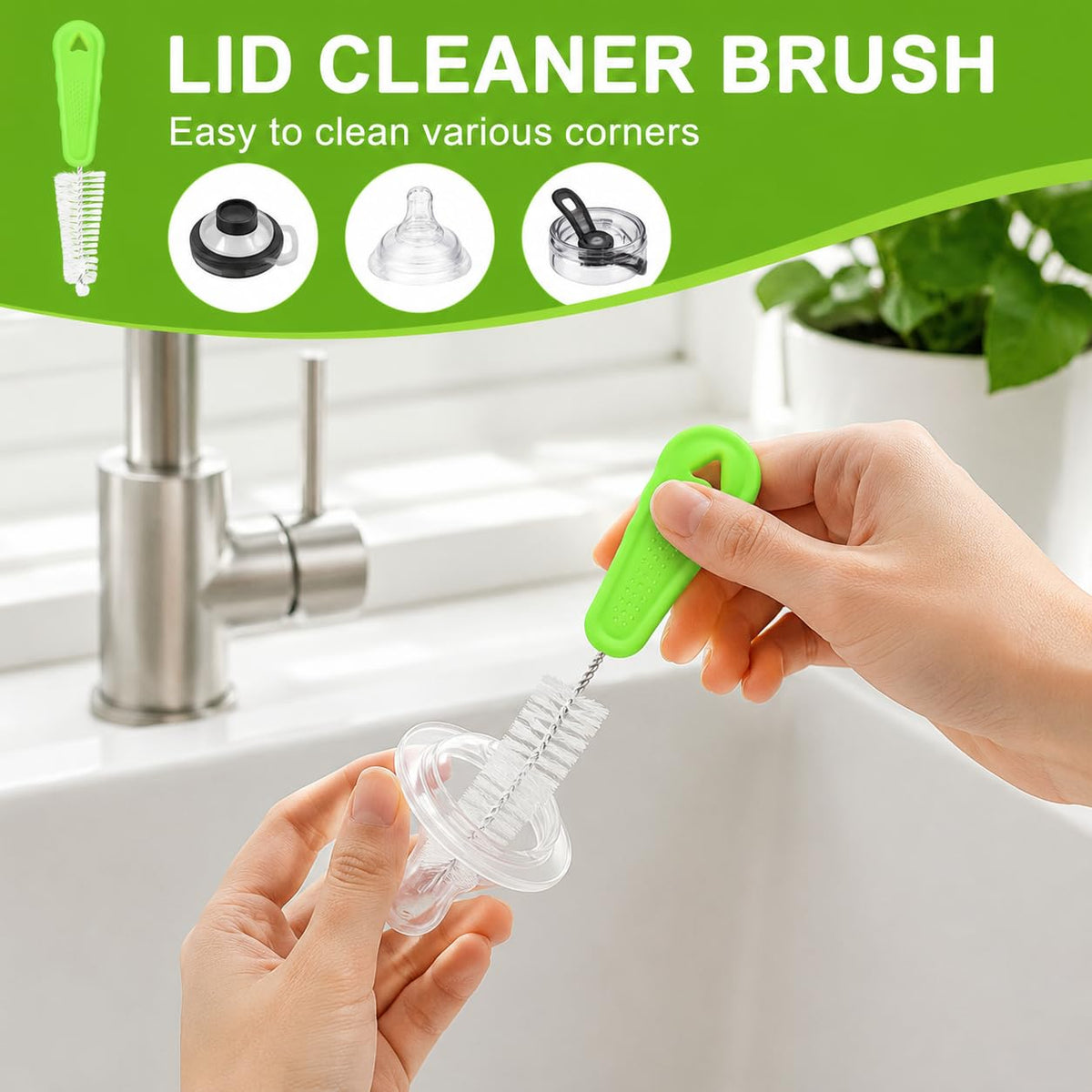 Admygo 3-in-1 Bottle Cleaning Brush Set - Long Handle, Straw Cleaner, Lid Brush | Green 6