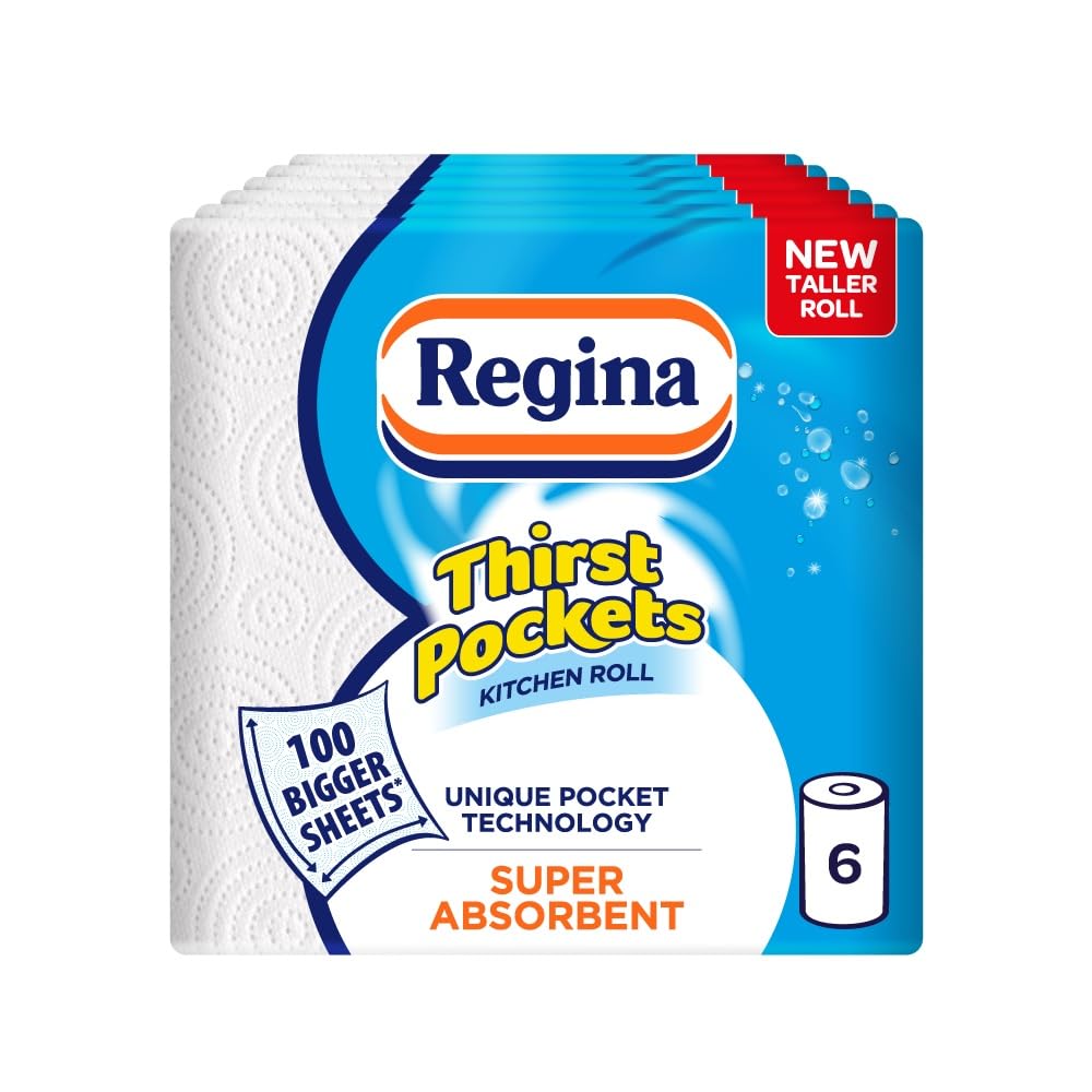 Regina Thirst Pockets Kitchen Roll - 6 Extra-Long Rolls | 600 Double Layered Sheets | High Absorbent 1