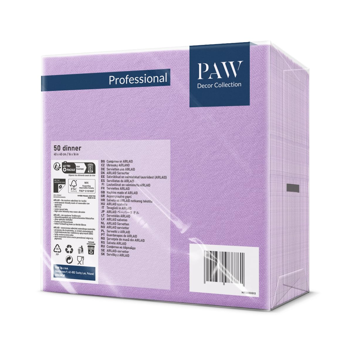 PAW Decor Collection Linen Feel Napkins - Violet, 40 x 40 cm, 50 Pack