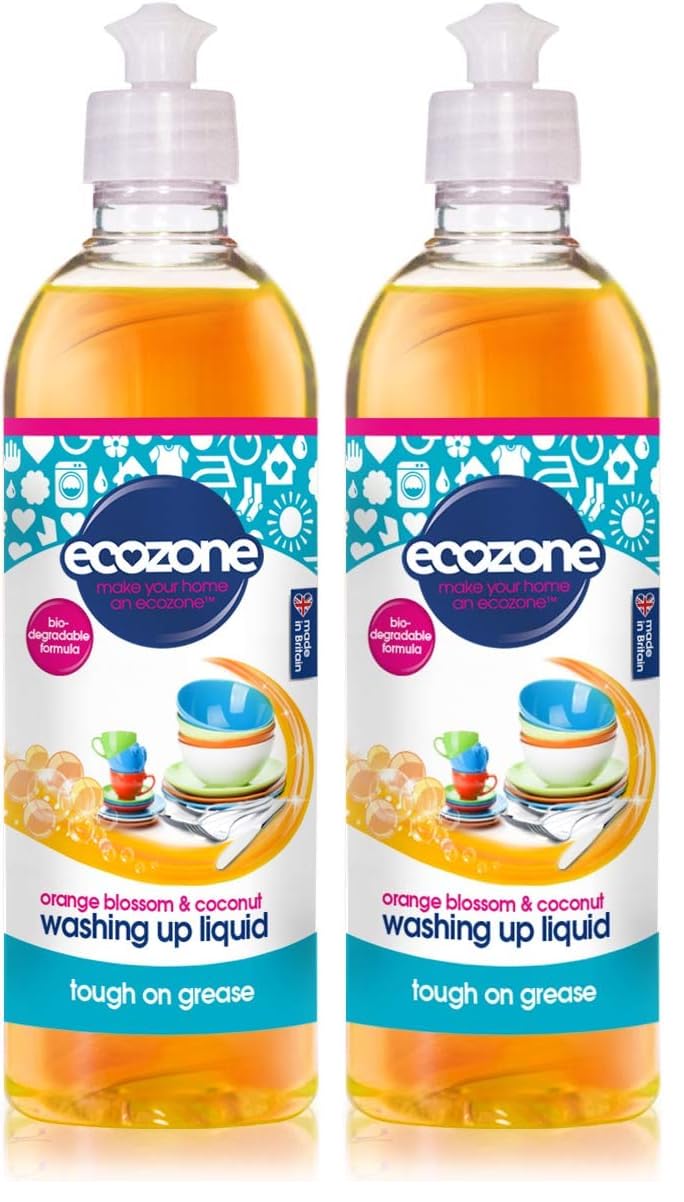 Ecozone Orange & Blossom Coconut Washing Up Liquid - Cuts Grease, Vegan Friendly, Pack of 2 x 500ml